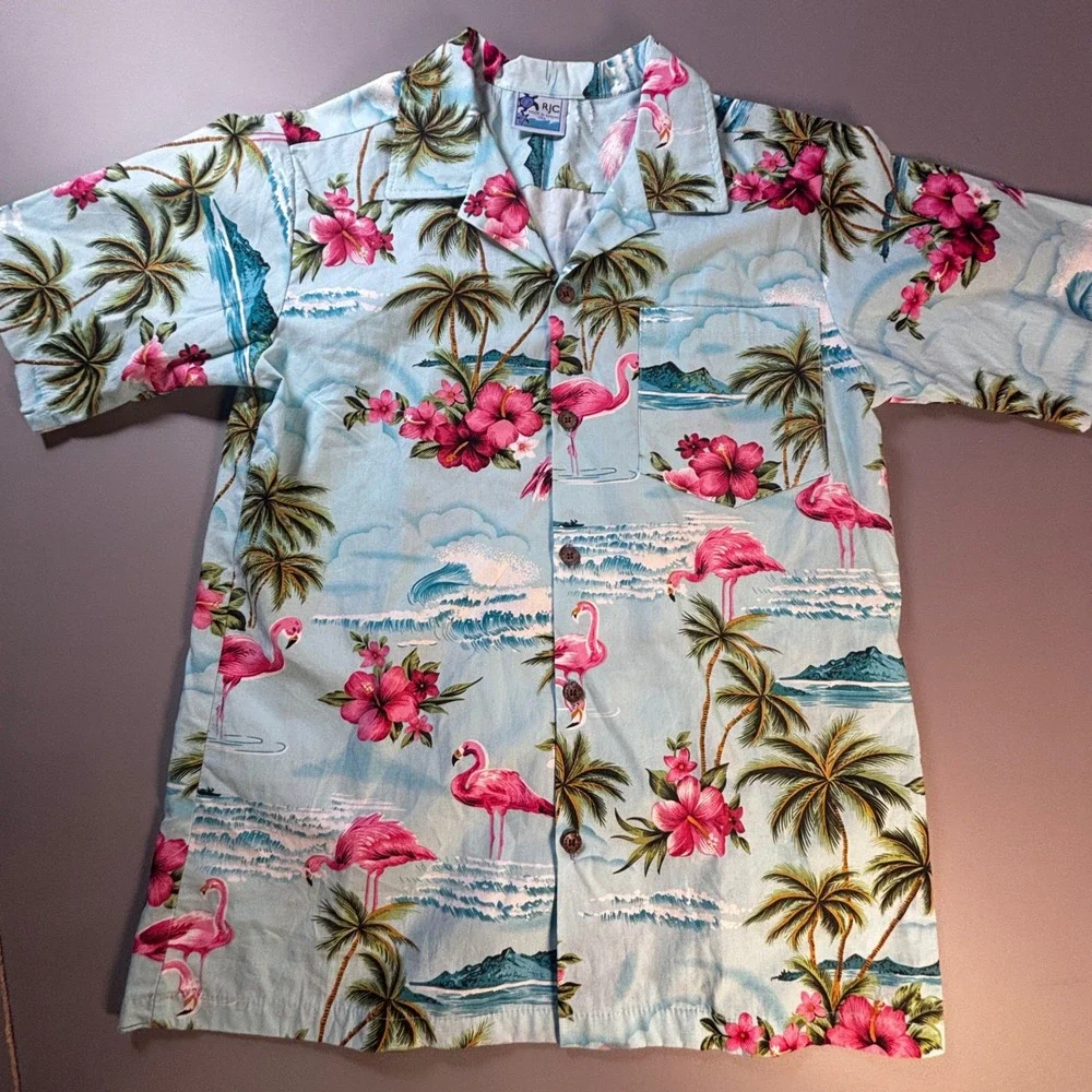 RJC‎ Hawaii Flamingo Aloha Shirt Mens Small Blue Hibiscus Tropical Made In USA